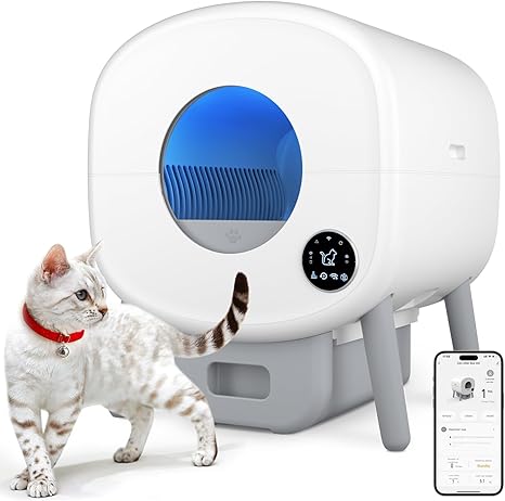 Modern self-cleaning litter box for cats with automatic waste removal and app control
