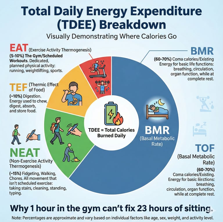 Pie chart showing total daily energy expenditure breakdown comparing BMR NEAT and exercise calories.