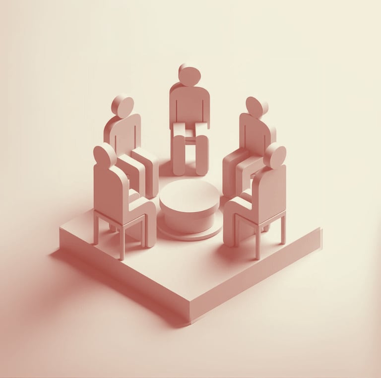 representación de un grupo de personas sentadas en círculo frente a una mesa redonda
