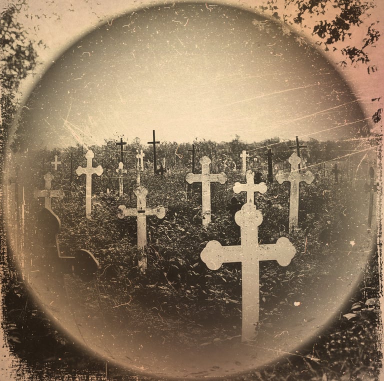 a group of crosses in a field with a sky background