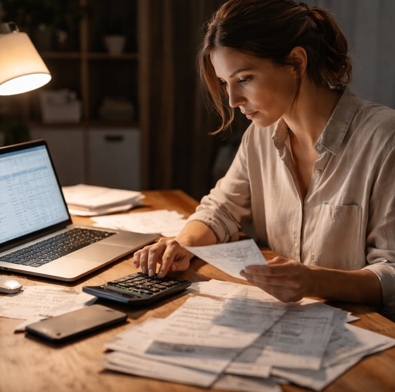 a woman using a calculator and cleaning her books