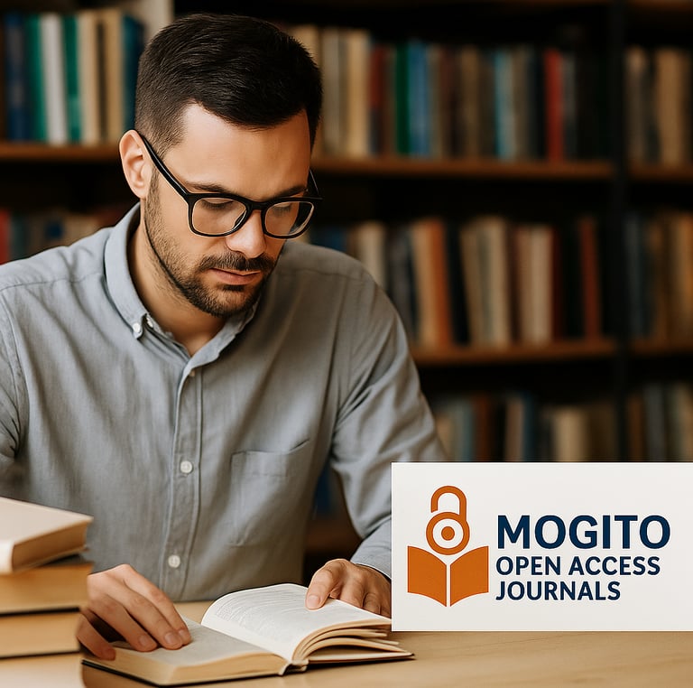 "Man reading a book in a library with the Mogito Open Access Journals logo in the corner."