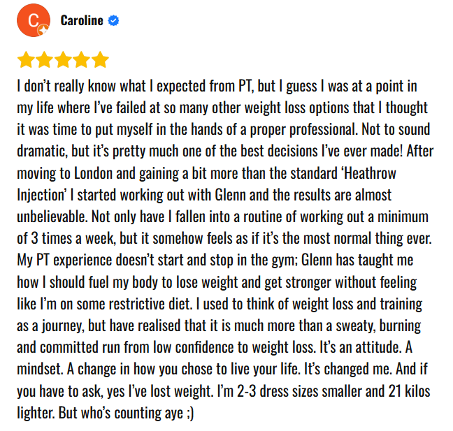 A google review for personal training in London England