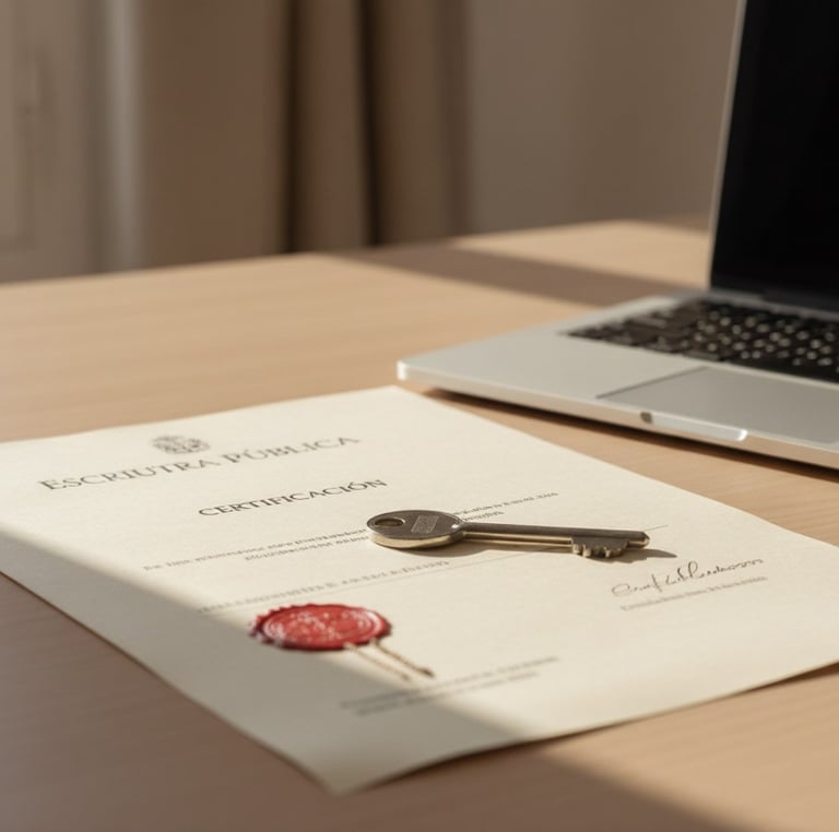 Escritura, llave y portátil sobre mesa con luz mediterránea.