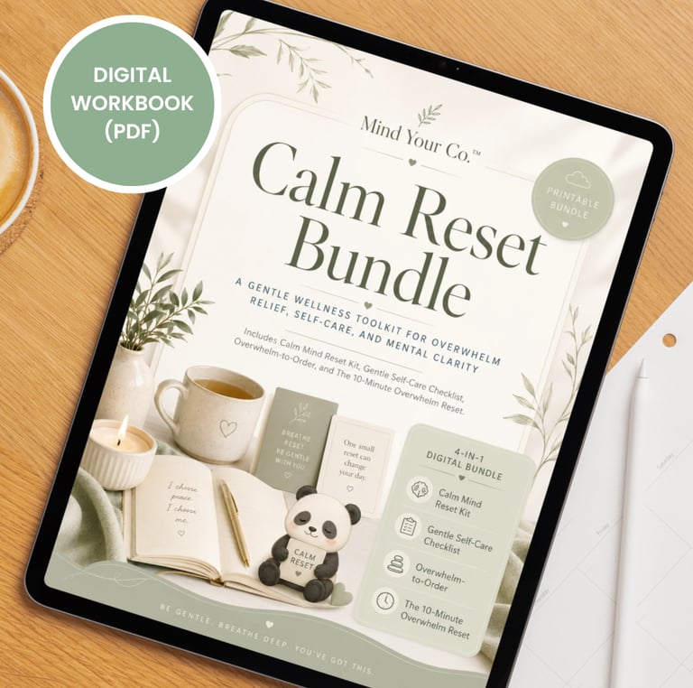 A digital tablet displaying the Calm Reset Bundle, a wellness toolkit PDF for self-care and mental clarity.