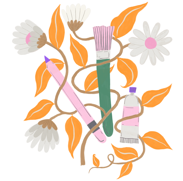 Illustration of pink pencil, green brush, paint, entwined in floral vines