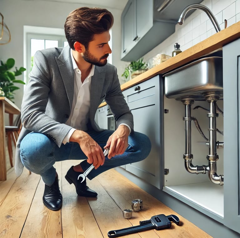 A landlord in London inspecting a rental property's plumbing system for leaks and necessary maintena