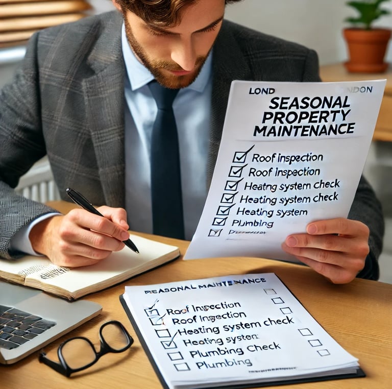 A London landlord checking off a seasonal property maintenance checklist, ensuring timely inspection