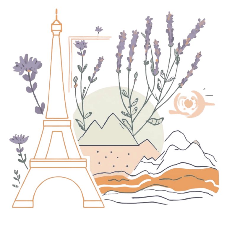 Custom France itinerary illustration – Paris, Alps, lavender Provence, French Riviera