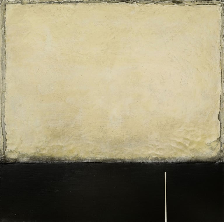 Abstract minimalist painting with a textured beige upper field and a solid black lower section.