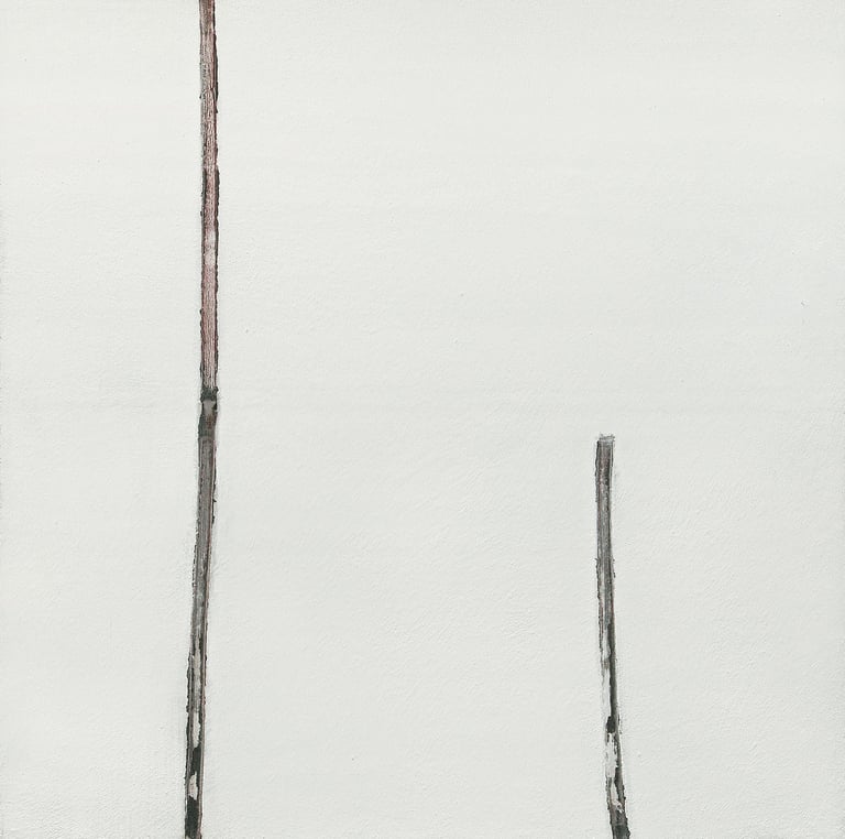 Minimalist abstract art featuring two vertical charcoal lines on a textured white canvas.