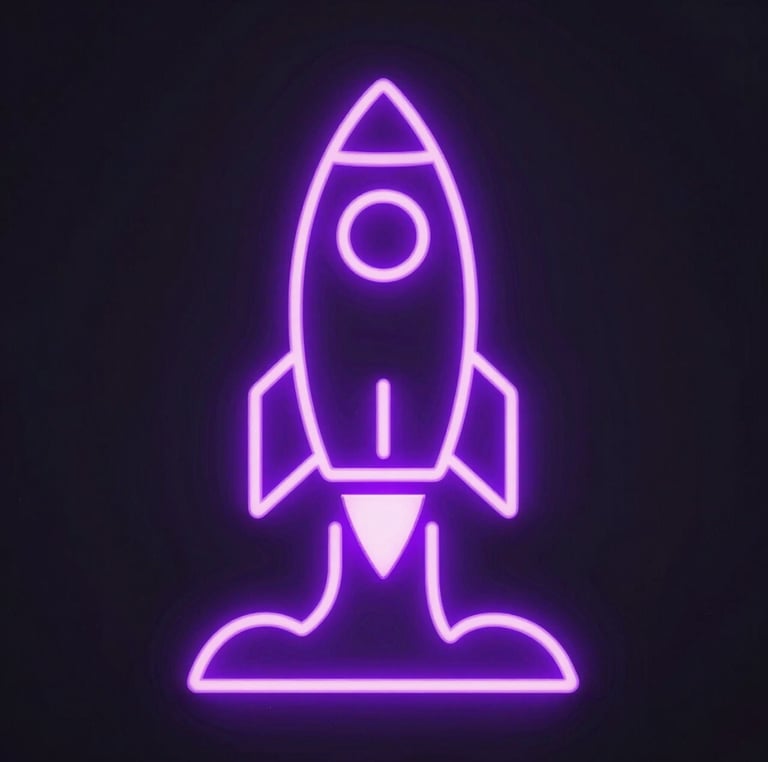 A glowing neon purple rocket icon lifting off against a dark background, symbolizing business growth and launch.