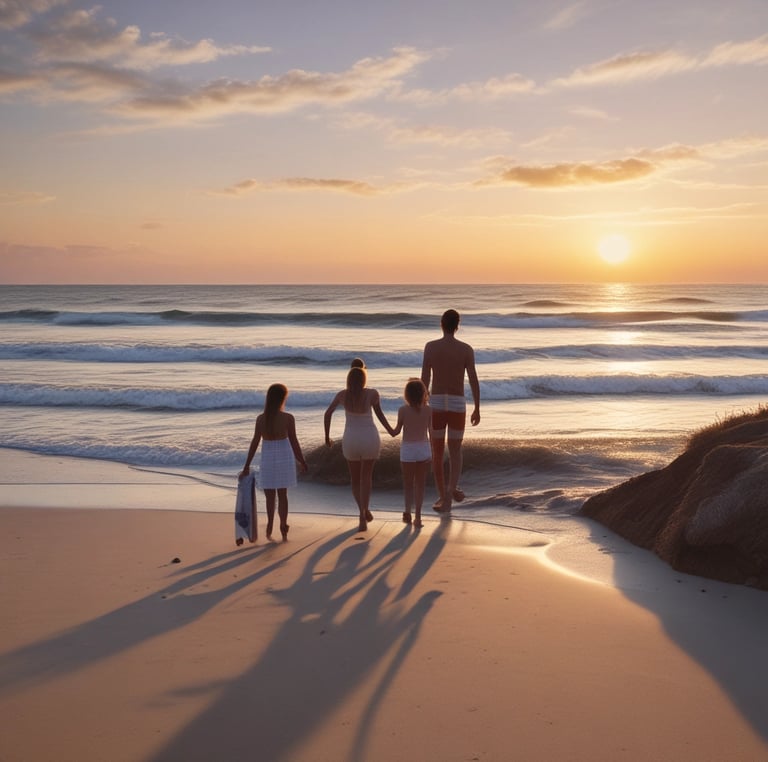 A serene beach scene at Galveston with gentle waves and a warm sunset.