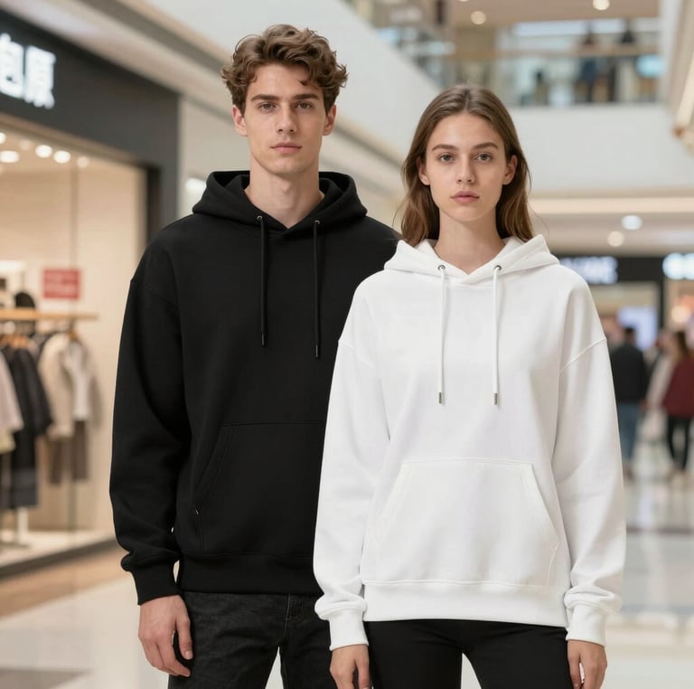 Minimalist black hoodie with a subtle embossed logo, hanging against a soft beige background.