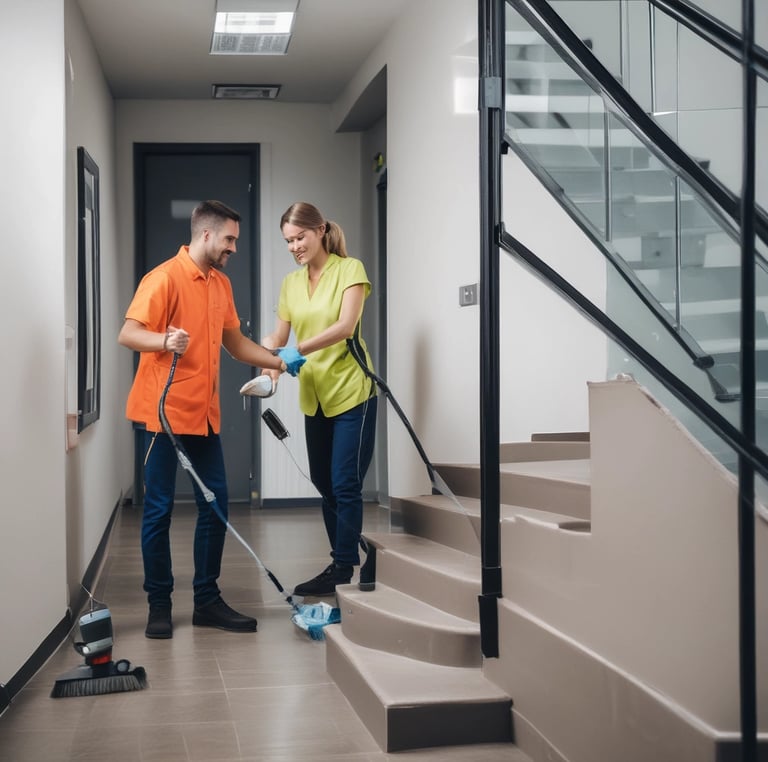 A friendly cleaner in uniform tidying up a bright, modern office space.