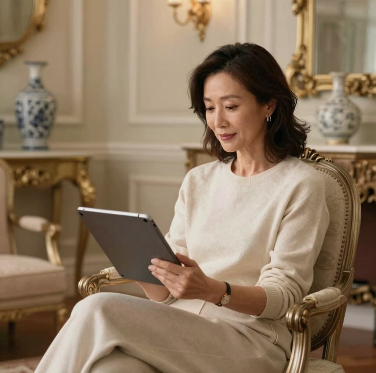 A happy person using a tablet, surrounded by colorful app icons representing brain training and wellness.