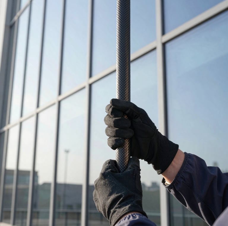 Close-up of a technician's gloved hands operating a carbon-fiber pole against a modern glass facade, bright morning light, focus on the equipment and clean glass.