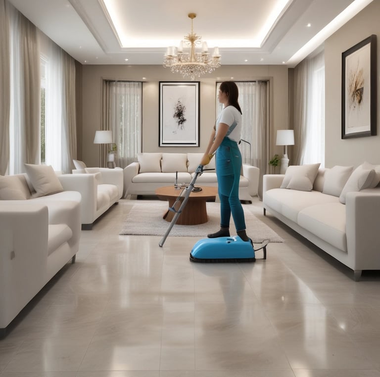 A professional cleaning team working together in a bright modern apartment hallway.