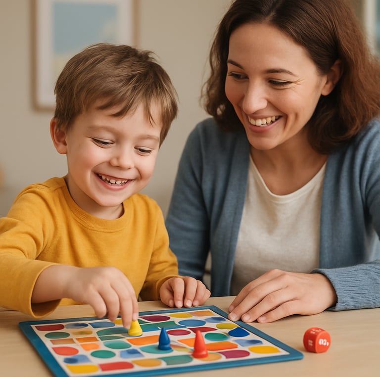 A child smiling while playing a colorful therapeutic board game with a caring adult.