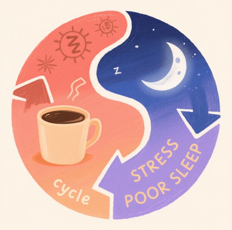 Infographic showing stress cycle and poor sleep connection for natural sleep wellness and meditation