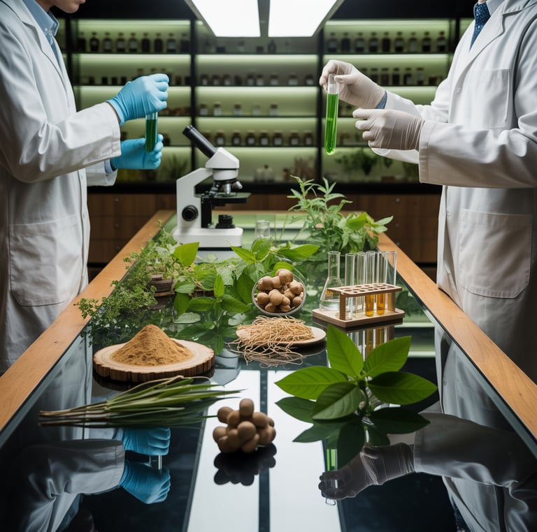 “Modern laboratory with glassware and equipment producing herbal tinctures, showcasing natural plant