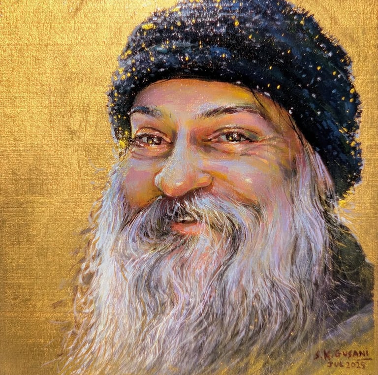a painting of osho with goldleaf and diamonds, rajneesh