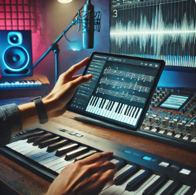 A musician using a digital tablet and a smart keyboard to compose music in a studio.