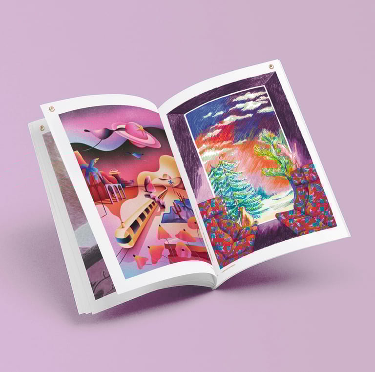 a book opened to show a book with a picture of a woman playing guitar
