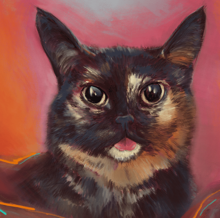 A pet portrait of a Kitten, a cat, with their tongue out and a bright pink and orange background