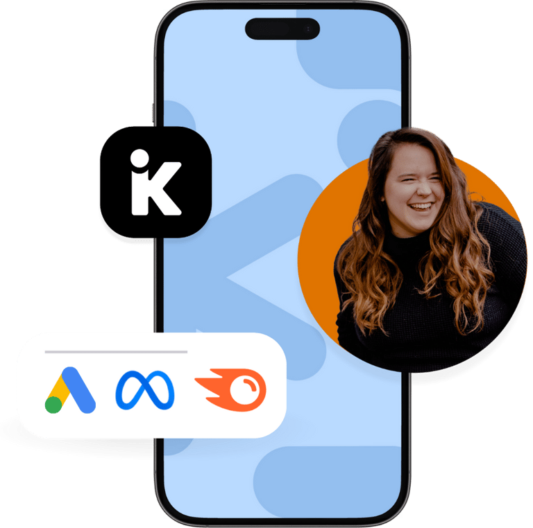 an iPhone surrounded by icons for Google Ads, Meta, Semrush, and an image of a woman smiling