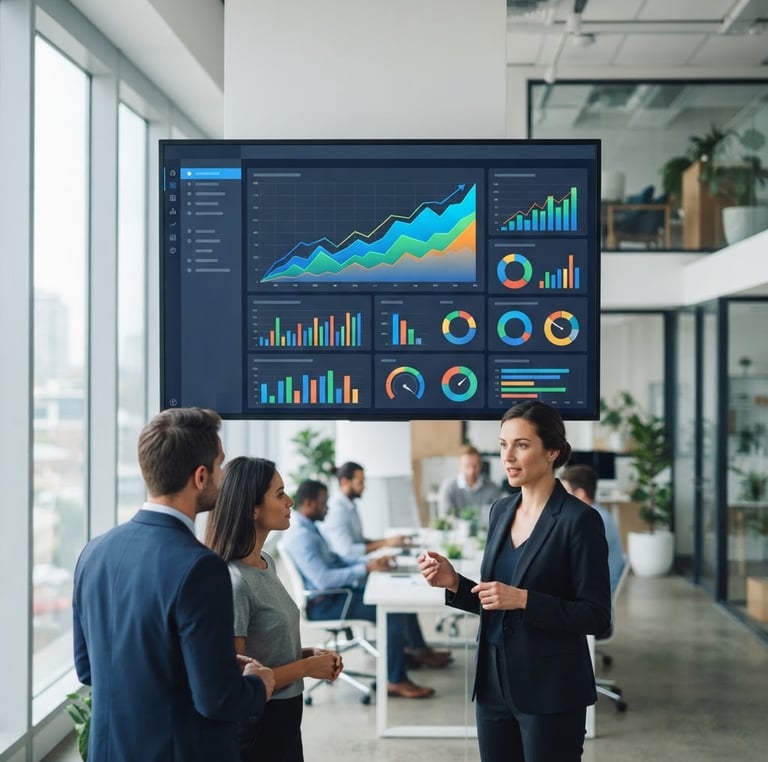 Modern business dashboard showing growth metrics, professional office setting, bright natural daylight, crisp focus