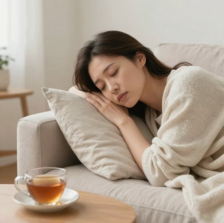 A young woman napping on a couch with a warm cup of herbal tea nearby.