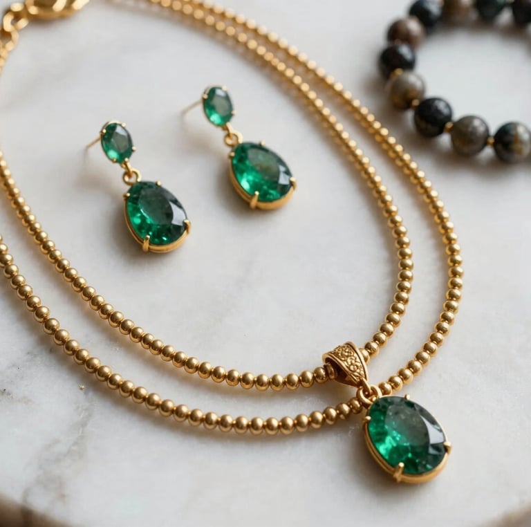 Macro close-up flat-lay of handcrafted artificial jewelry — layered gold-tone necklaces, emerald-drop earrings, and a beaded bracelet arranged on a white marble surface, soft diffused studio light, rich material detail visible, no hands, no faces