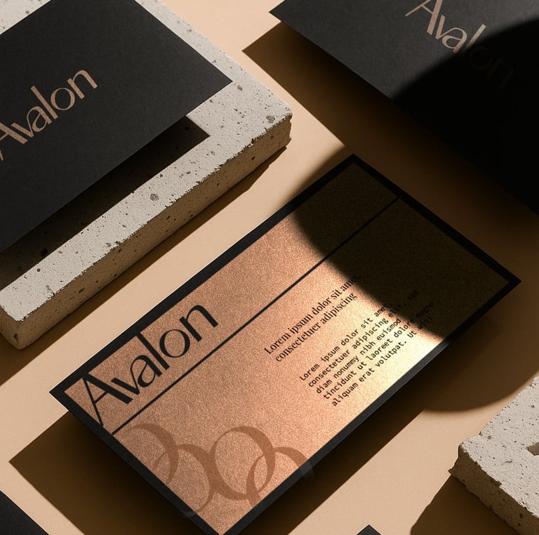 Luxury branding and business card design for Avalon. A premium visual identity project.