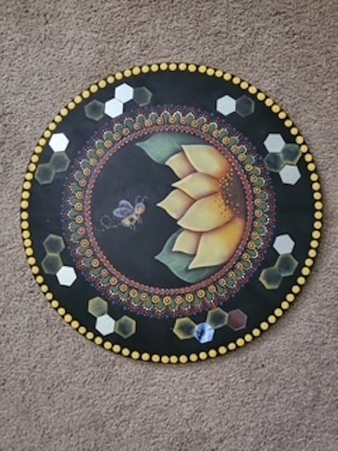 Linda Nigh's orginal acrylic design called "To Bee Or Not To Bee", sunflower, dots, bee