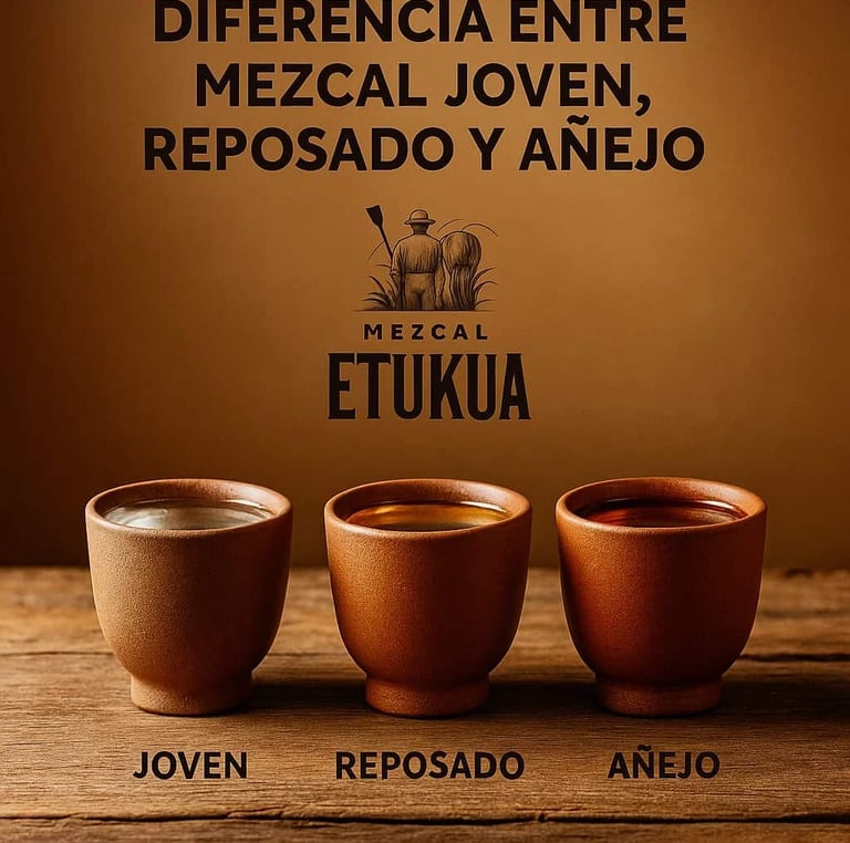 Tres vasos veladores con mezcal Etukua alineados, mostrando claramente la diferencia de color entre 