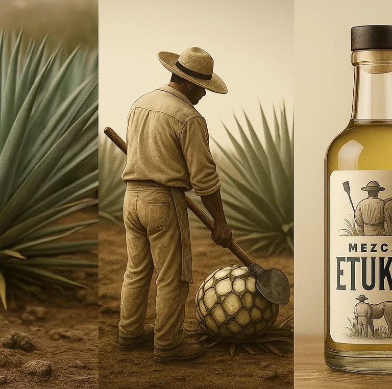 Ilustración de un jimador trabajando en un campo de agave, cortando una piña con una coa.