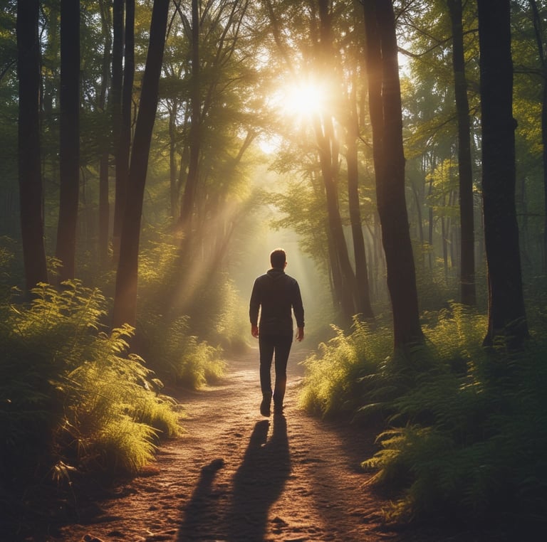 A warm, inviting illustration of a calm figure thoughtfully considering different paths, set against a soothing teal and deep navy palette.