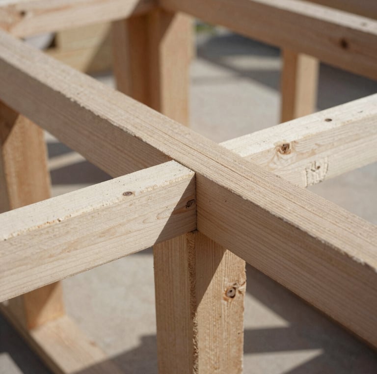 Close-up of a complex timber frame joint in progress, natural directional daylight emphasizing texture and form, desaturated earth tones, sharp focus, medium format film