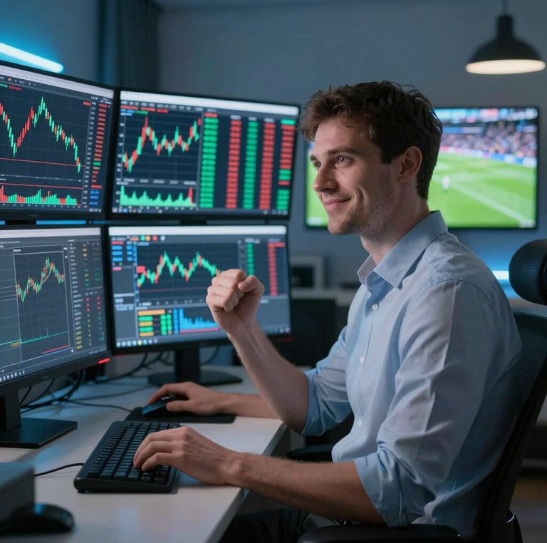 A modern office space with professionals collaborating over financial and sports data on screens.