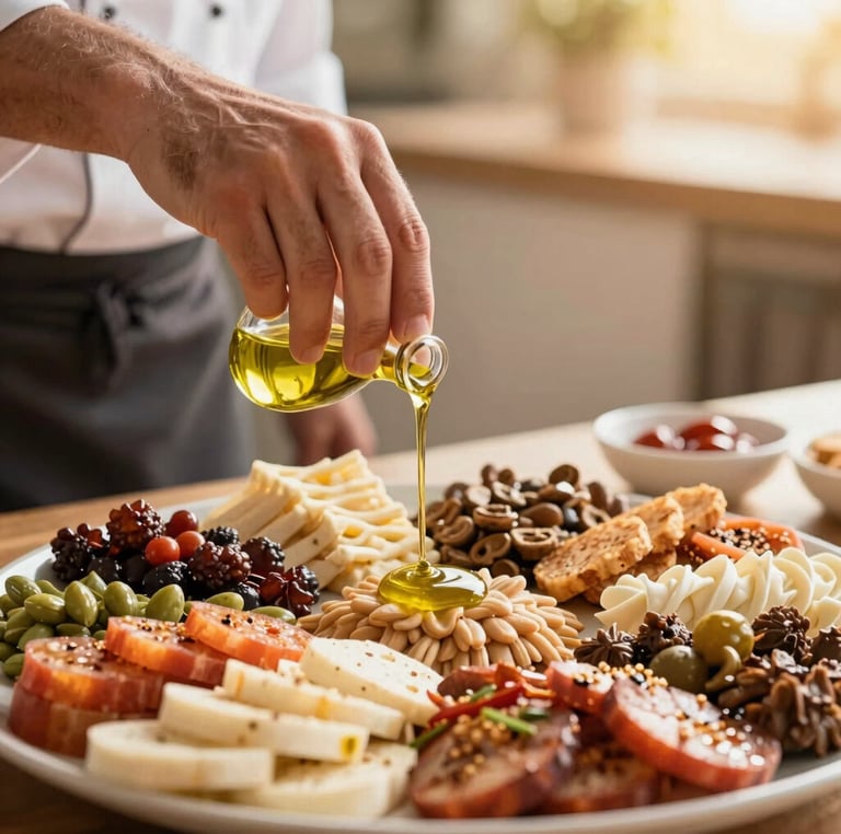 Portrait-oriented shot of a chef's hands carefully drizzling olive oil over a freshly prepared mezze platter, warm natural daylight, shallow depth of field.