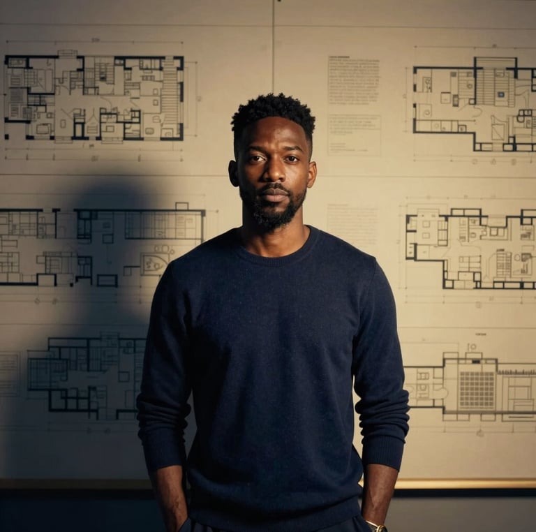 Portrait d'un fondateur de Dream Engineering, homme afro-canadien, regard confiant, devant un mur de plans architecturaux éclairé par une lumière dramatique dorée, cadrage portrait, 35mm
