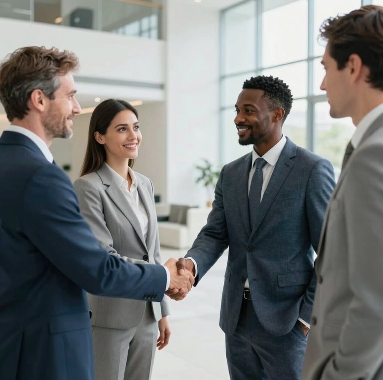 A professional photograph of business executives from diverse backgrounds shaking hands in a bright, modern lobby with minimalist architecture, utilizing Light Blue and Off-White tones, reflecting a sophisticated global atmosphere.