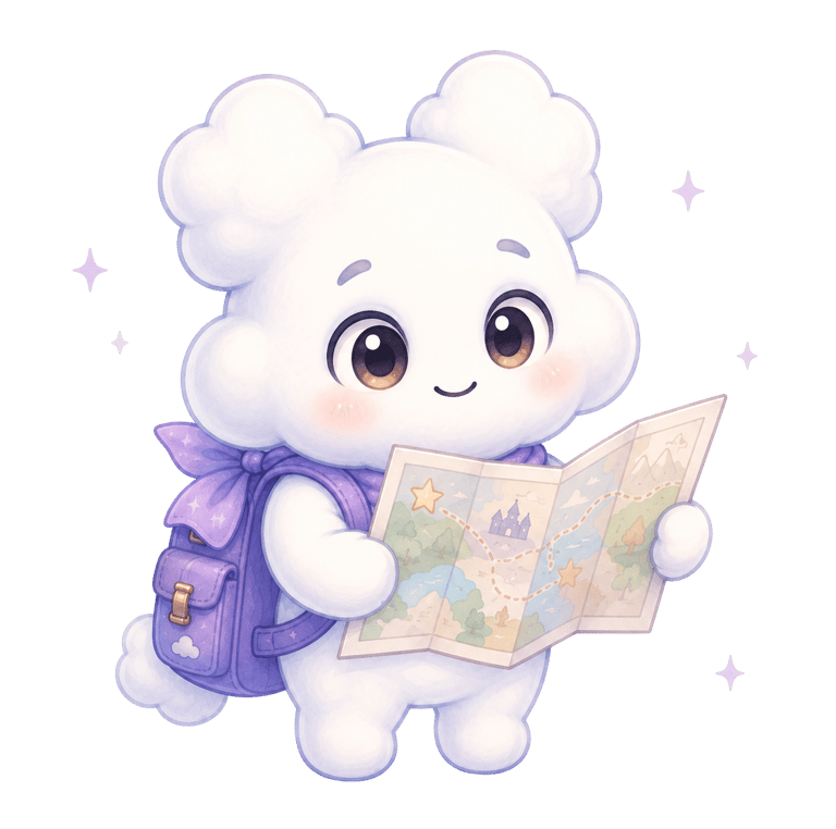 Cute white cloud character wearing a purple backpack and holding a fantasy treasure map.