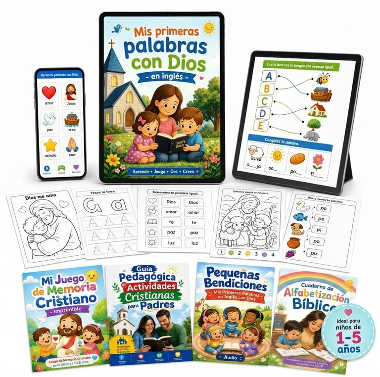 Educational set of Spanish Christian children's books, digital tablets, and printable activity worksheets for kids.