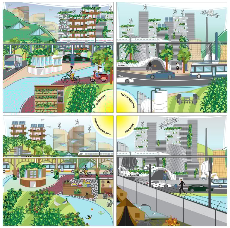 Visualisaties vier circulaire samenlevingen: Reformist, Transformational, Technocentric en Fortress.