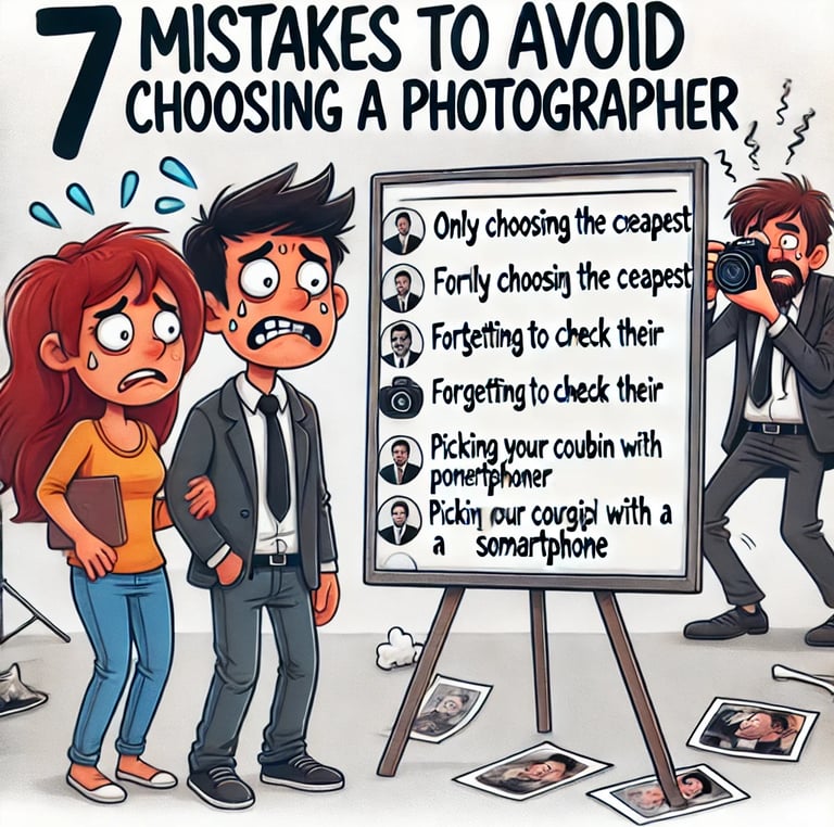 Un couple confus face à une liste de bourdes hilarantes, pendant qu’un mauvais photographe prend des clichés catastrophiques 