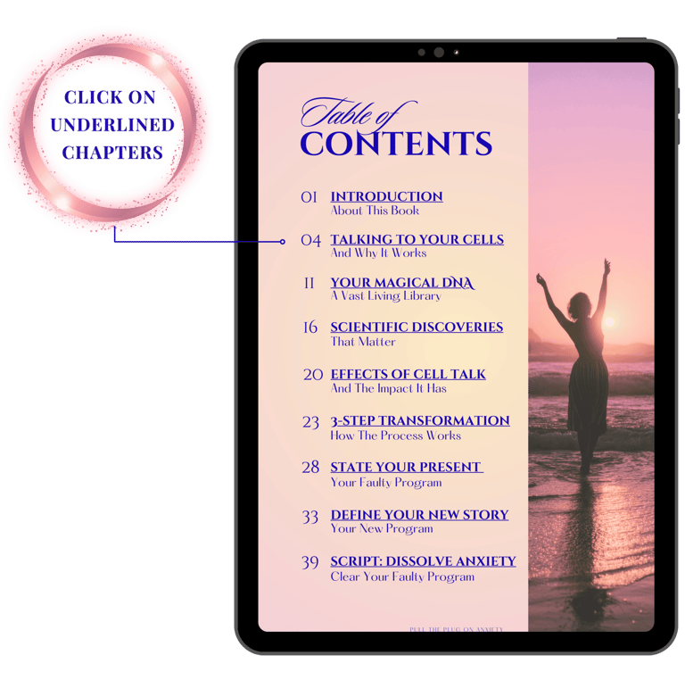 A page with table of content in a tablet of the ebook "Pull The Plug On Anxiety" showing to click on the underlined chapters