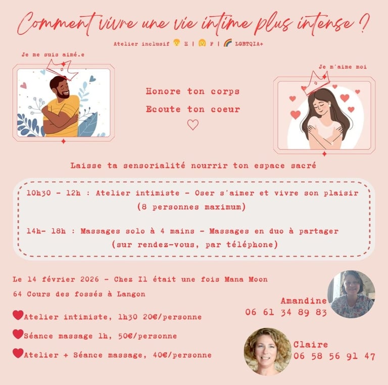 vie intime, vie sexuelle, atelier pour honorer son corps, hommes et femmes massages