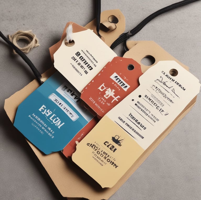 Assorted hang tags in various shapes, sizes, and colors, made from paper and cardstock, with strings